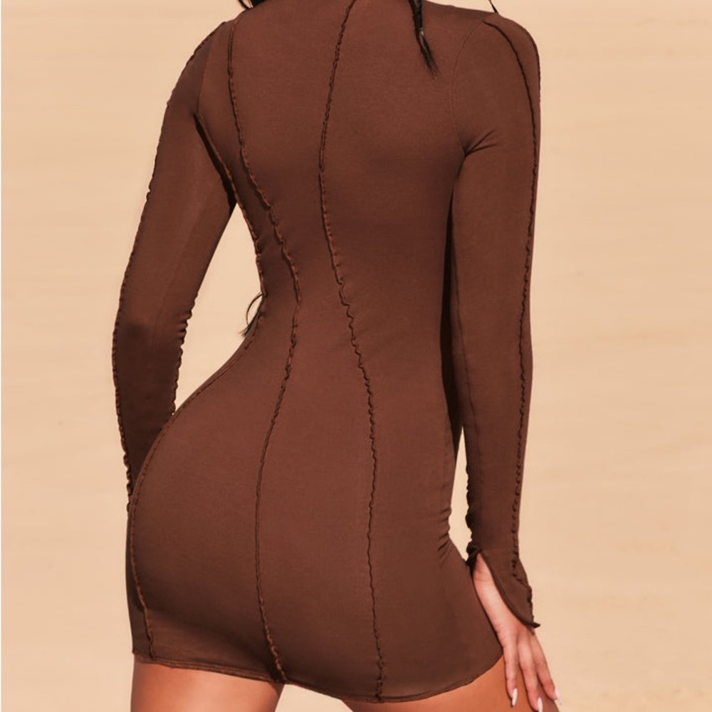 Oh Polly Exposed Seam Split Cuff Mini Dress In Brown - Picture 5 of 7